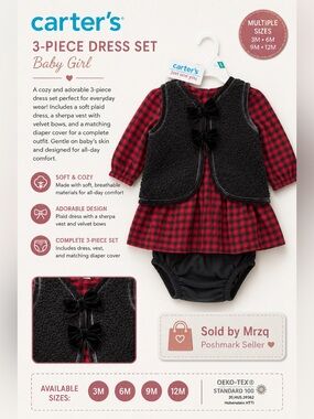 Carter's Red and Black Plaid Dress Set with Black Sherpa Vest
